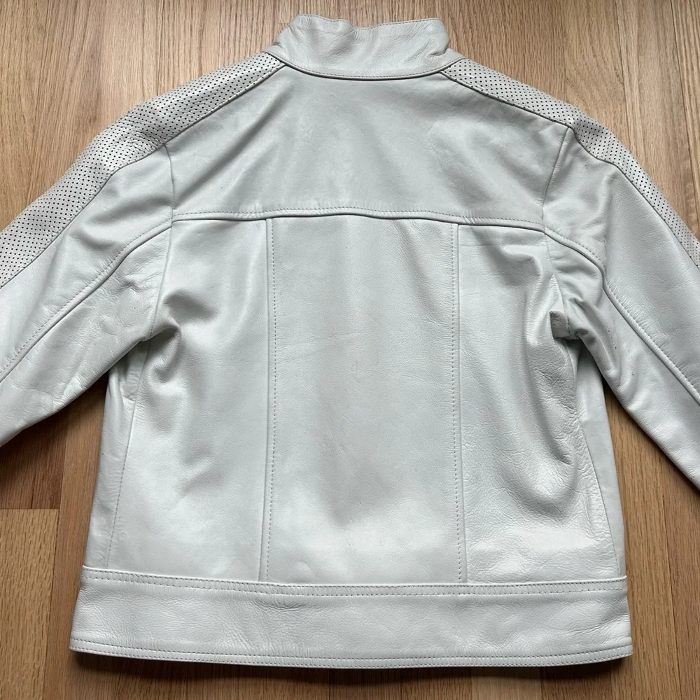 Peroni Italy White Leather Full Zip LOGO perforated Sleeve Jacket - Picture 8 of 9